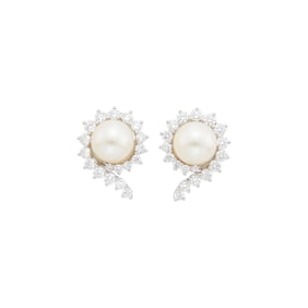 Angela Cummings for Assael Pair of Platinum, Cultured Pearl and Diamond Earclips