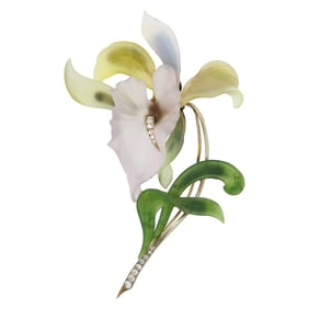 White Gold, Carved Frosted Amethyst, Nephrite, Colored Crystal and Diamond Flower Pendant-Brooch
