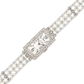 Black Starr & Frost Platinum, Seed Pearl and Diamond Mesh Wristwatch