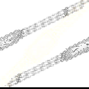 Black Starr & Frost Platinum, Seed Pearl and Diamond Mesh Wristwatch: Mechanical, rectangular silver-tone dial, black Roman numerals, single-cut diamond bezel and lugs, case dia. ap. 26 x 15 mm., five-row seed pearl mesh bracelet with two diamond-set spacers, pierced di