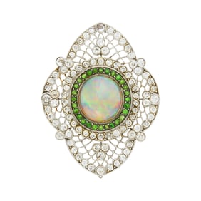 Platinum, Jelly Opal, Diamond and Green Garnet Pendant-Brooch