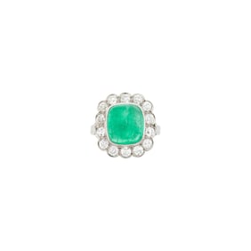 Platinum, Cabochon Emerald and Diamond Ring