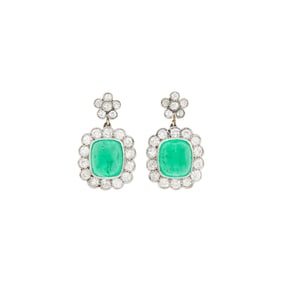 Pair of Platinum, Cabochon Emerald and Diamond Pendant-Earrings