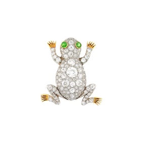Antique Platinum, Gold, Diamond and Demantoid Garnet Frog Brooch