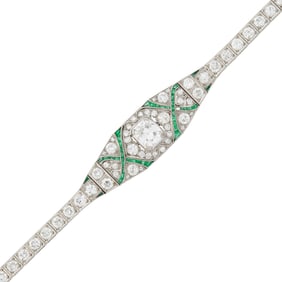Platinum, Diamond and Emerald Bracelet