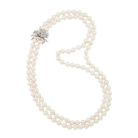 Long Double Strand Cultured Pearl Necklace with Platinum and Diamond Clasp