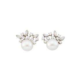 Pair of Platinum, Cultured Pearl and Diamond Earclips