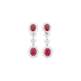 Pair of White Gold, Ruby and Diamond Pendant-Earrings