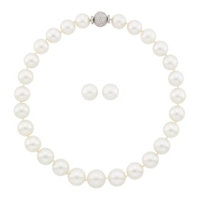 South Sea Cultured Pearl Necklace with Platinum and Diamond Ball Clasp and Pair of South Sea
