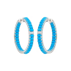 Pair of White Gold, Turquoise and Diamond Hoop Earrings