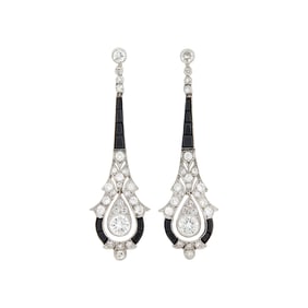 Pair of Platinum, Diamond and Black Onyx Pendant-Earrings