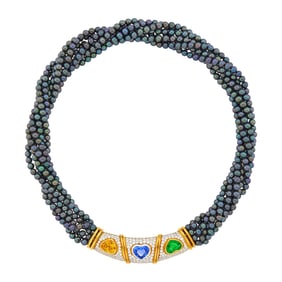 Seven Strand Dyed Black Cultured Pearl, Two-Color Gold, Colored Stone and Diamond Torsade Necklace