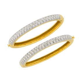 Pair of Two-Color Gold and Diamond Bangle Bracelets