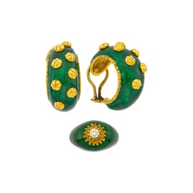 Boris leBeau Pair of Gold and Green Enamel Bombé Half-Hoop Earclips and Green Enamel and