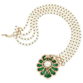 Four Strand Cultured Pearl, Gold, Baroque South Sea Cultured Pearl, Diamond and Green Enamel Shell