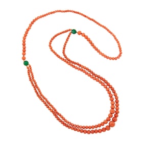 Long Coral Bead, Gold and Green Onyx Necklace