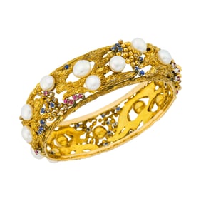 Gold, Baroque Freshwater Pearl, Ruby and Sapphire Bangle Bracelet
