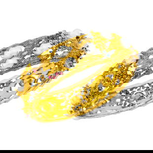 Gold, Baroque Freshwater Pearl, Ruby and Sapphire Bangle Bracelet: 14 kt., 15 freshwater button pearls, small round rubies and sapphires, ap. 47 dwts. Inner cir. 6 7/8 inches. Pearls: white with rose overtones, cleanish, very good luster. Patina to several sect