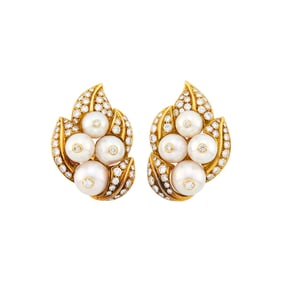 Pair of Gold, Cultured Pearl and Diamond Earclips, France