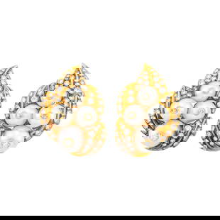 Pair of Gold, Cultured Pearl and Diamond Earclips, France: 18 kt., 8 pearls ap. 9.5 to 7.3 mm., 100 round diamonds ap. 3.35 cts., with maker's mark for Hamard Vitau and French assay mark, ap. 18.3 dwts.  Pearls: white, strong rose and green overtones,