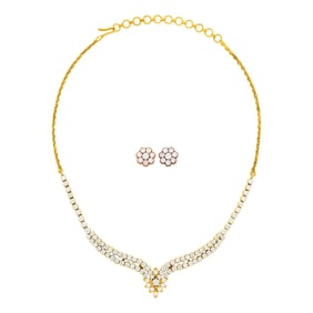High Karat Gold and Diamond Necklace and Pair of Earrings