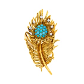 Gold, Platinum, Turquoise and Diamond Feather Clip-Brooch, France