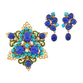 Gold, Lapis, Turquoise, Diamond and Green Enamel Pendant Clip-Brooch and Pair of Earclips