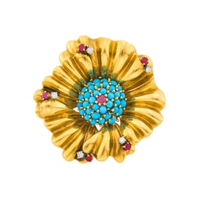Gold, Turquoise, Ruby and Diamond Flower Clip-Brooch