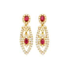 Pair of Gold, Ruby and Diamond Pendant-Earrings