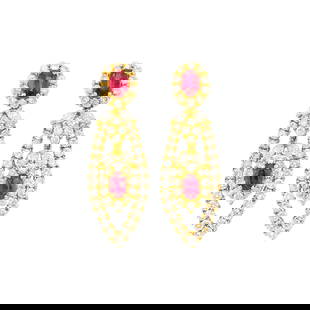 Pair of Gold, Ruby and Diamond Pendant-Earrings: 18 kt., 4 oval rubies ap. 2.50 cts., 92 round and 8 marquise-shaped diamonds ap. 3.40 cts., ap. 13.4 dwts.  Rubies: vivid slightly purplish red, slightly to moderately included, good transparency, liv