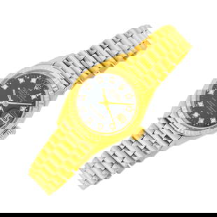 Rolex Gold and Diamond 'Datejust' Wristwatch, Ref. 6917: 18 kt., automatic, round black dial with aftermarket diamond markers, sweep seconds, date aperture, fluted bezel, logo crown, acrylic crystal with cyclops, case dia. ap. 25.6 mm., President bracelet w