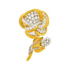 Gold, Platinum and Diamond Rose Clip-Brooch