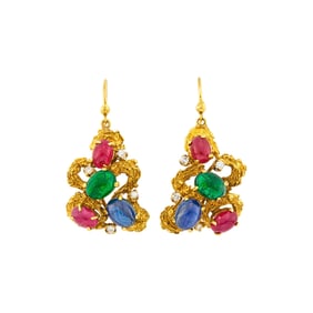 Pair of Gold, Cabochon Gem-Set and Diamond Pendant-Earrings