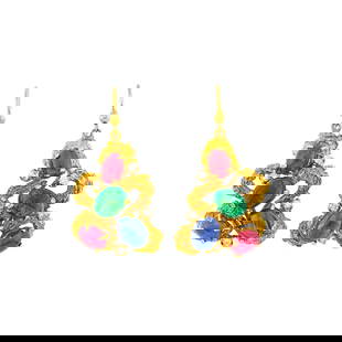 Pair of Gold, Cabochon Gem-Set and Diamond Pendant-Earrings: 8 oval cabochon rubies, sapphires and emeralds, 8 round diamonds .25 ct., ap. 10 dwts.  Test as 18 kt. Colored stones: medium deep pinkish red, medium deep blue, deep green, slightly to moderatel