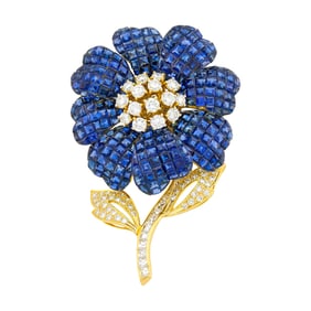 Adler Gold, Invisibly-Set Sapphire and Diamond Flower Brooch