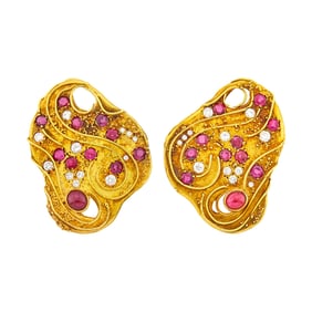 Elizabeth Gage Pair of Gold, Ruby and Diamond Earclips