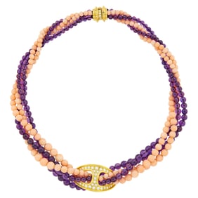 Cartier Four Strand Amethyst and Angel Skin Coral Bead, Gold and Diamond Torsade Necklace