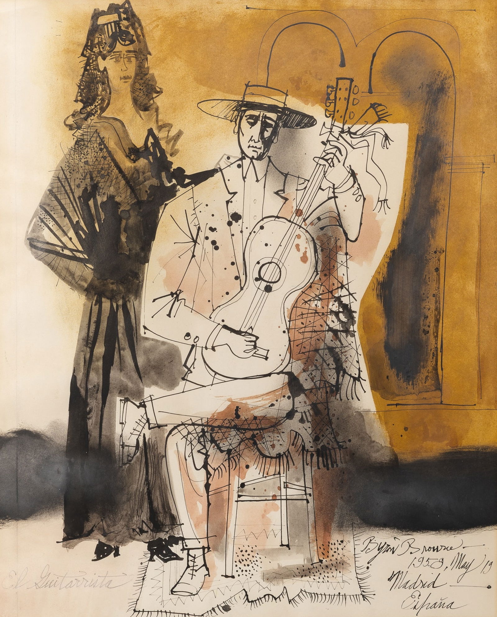 Byron Browne: American, 1907-1961El Guitarista Signed Byron Browne, dated 1958, and inscribed Madrid, España (lr) in black ink; also inscribed El Guitarista (ll)