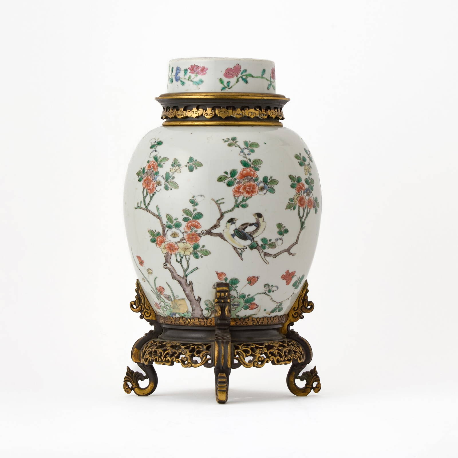 Chinese Famille Verte Bronze Mounted Porcelain Covered Jar