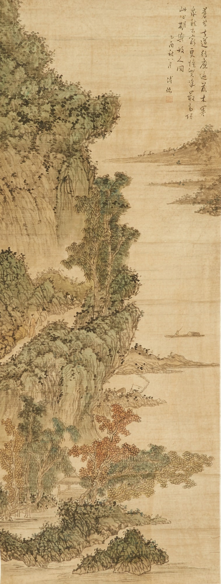 Chinese School Painting in the Style of Pu Ru 20th Century: Ink and color on paper; depicting a lone scholar in a waterside landscape; mounted to hanging scroll. (Sight height 49 1/2 inches)