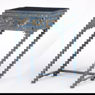 Chinese Export Blue and Gilt Painted Writing Table: Height 32 1/2 inches, width 22 inches, depth 14 1/2 inches.  Chips and losses to decoration especially to edges.