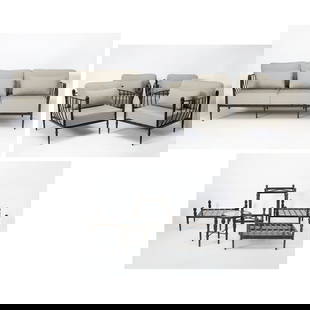 Suite of Michael Taylor Metal Outdoor Furniture: With reeded ball finials, including four barrel chairs, three ottomans, two side tables and a three-seat sofa. Sofa 29 1/2 inches, width 90 inches, depth 32 inches, seat height 10 1/2 inches, barrel c