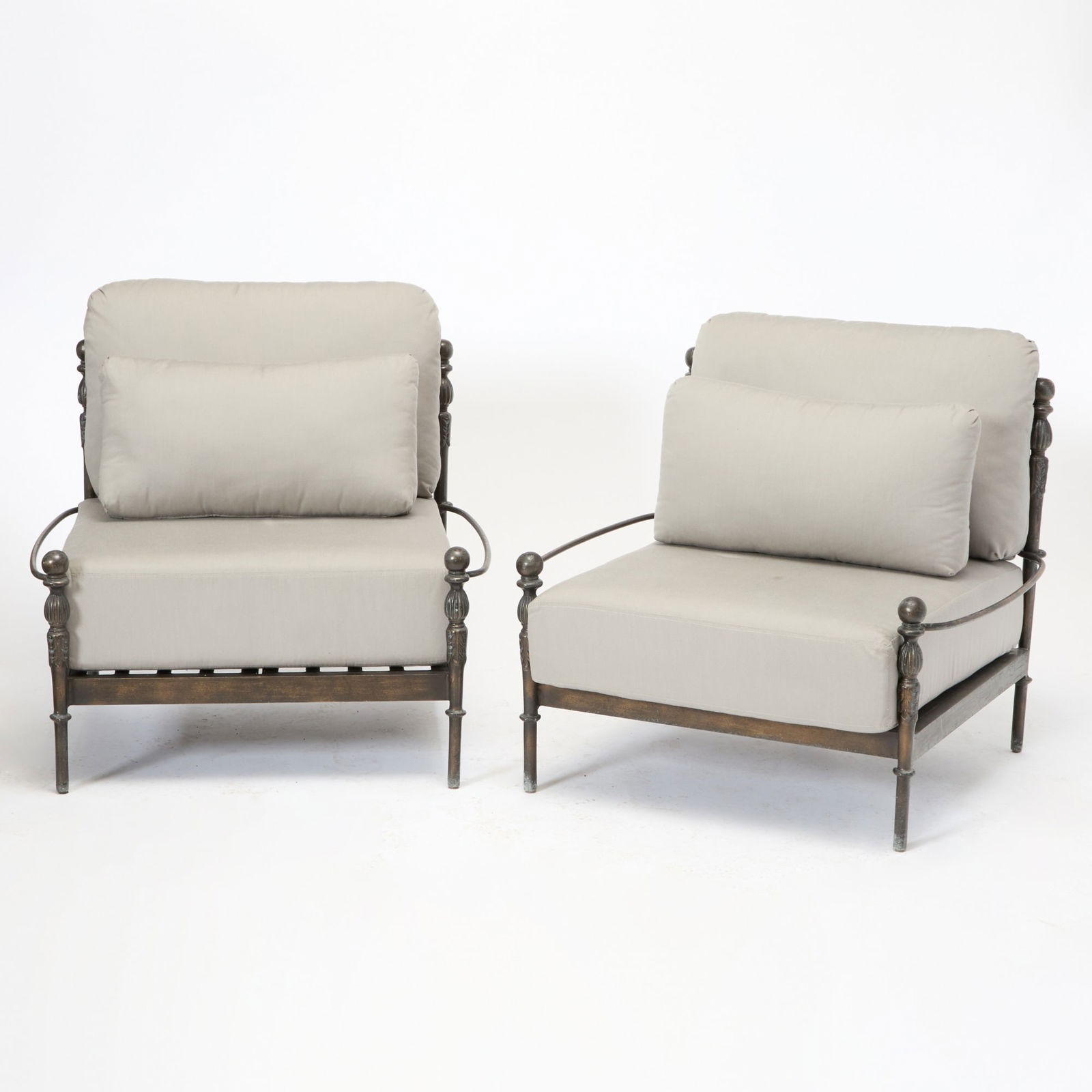 Pair of Michael Taylor Montecito Metal Outdoor Tub Chairs: With custom upholstered seats by Joshua Janson. Height 29 3/4 inches, width 34 1/2 inches, depth 28 1/2 inches. Overall wear commensurate with age and use.