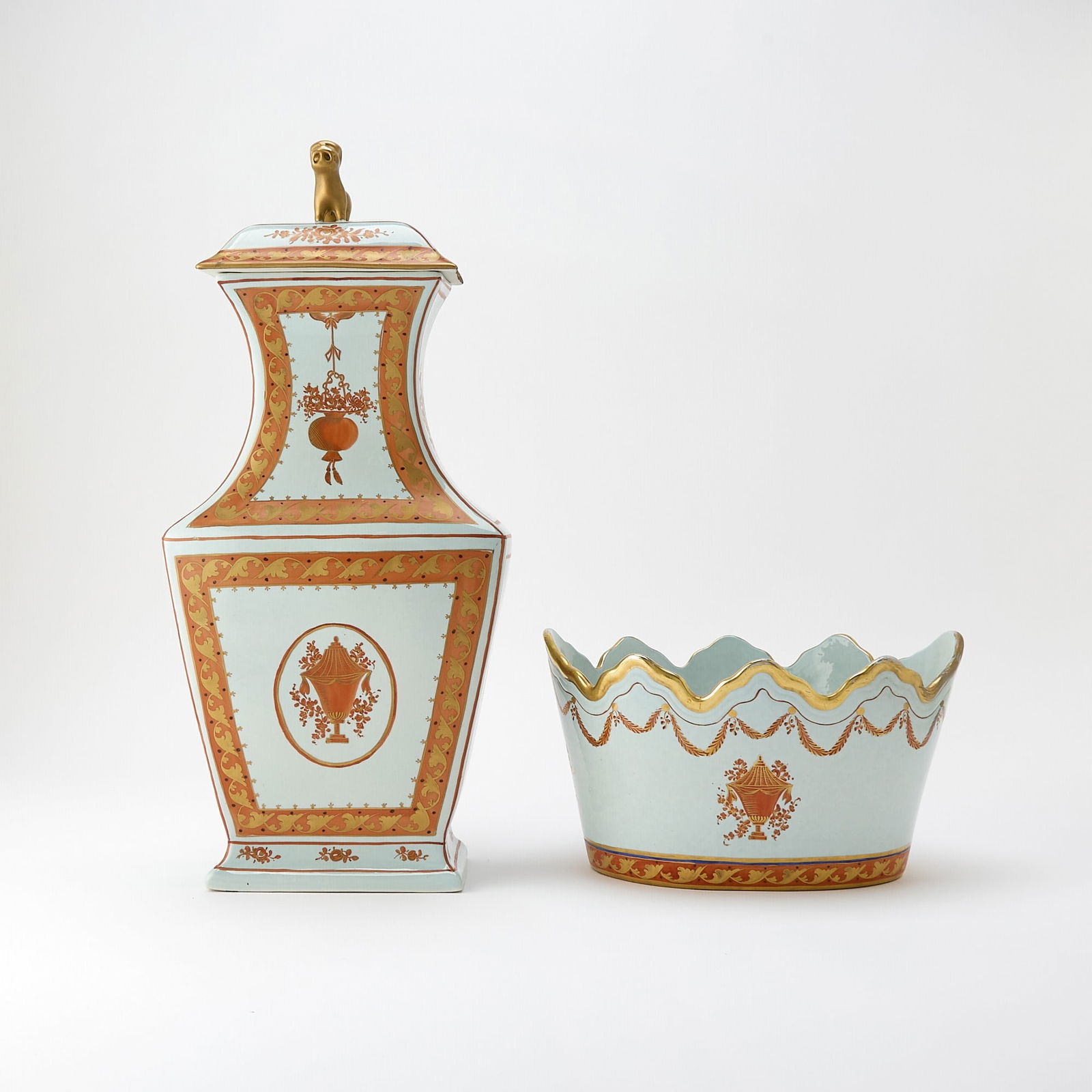 Mottahedeh Porcelain Covered Vase: Estate / Collection: The Boston and Newport Collections of a Distinguished British Family Height of taller 19 inches; monteith height 5 1/2 inches, width 10 inches, depth 8 1/2 inches.