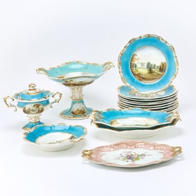 A Copeland & Garrett Felspar Porcelain Topographical Sky-Blue Ground Part Dessert Service