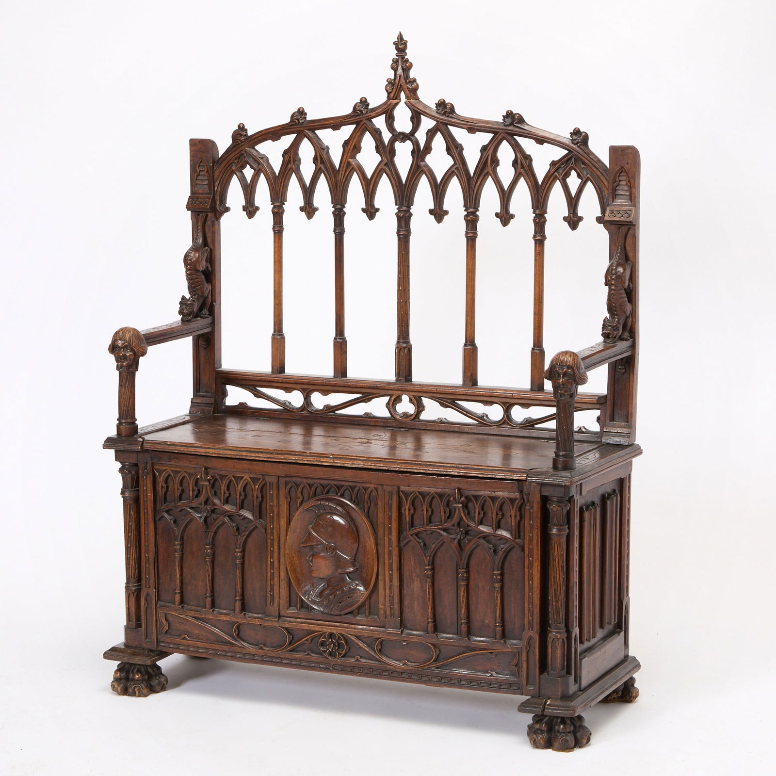 Gothic Revival Carved Walnut Hall Bench (1 of 8)