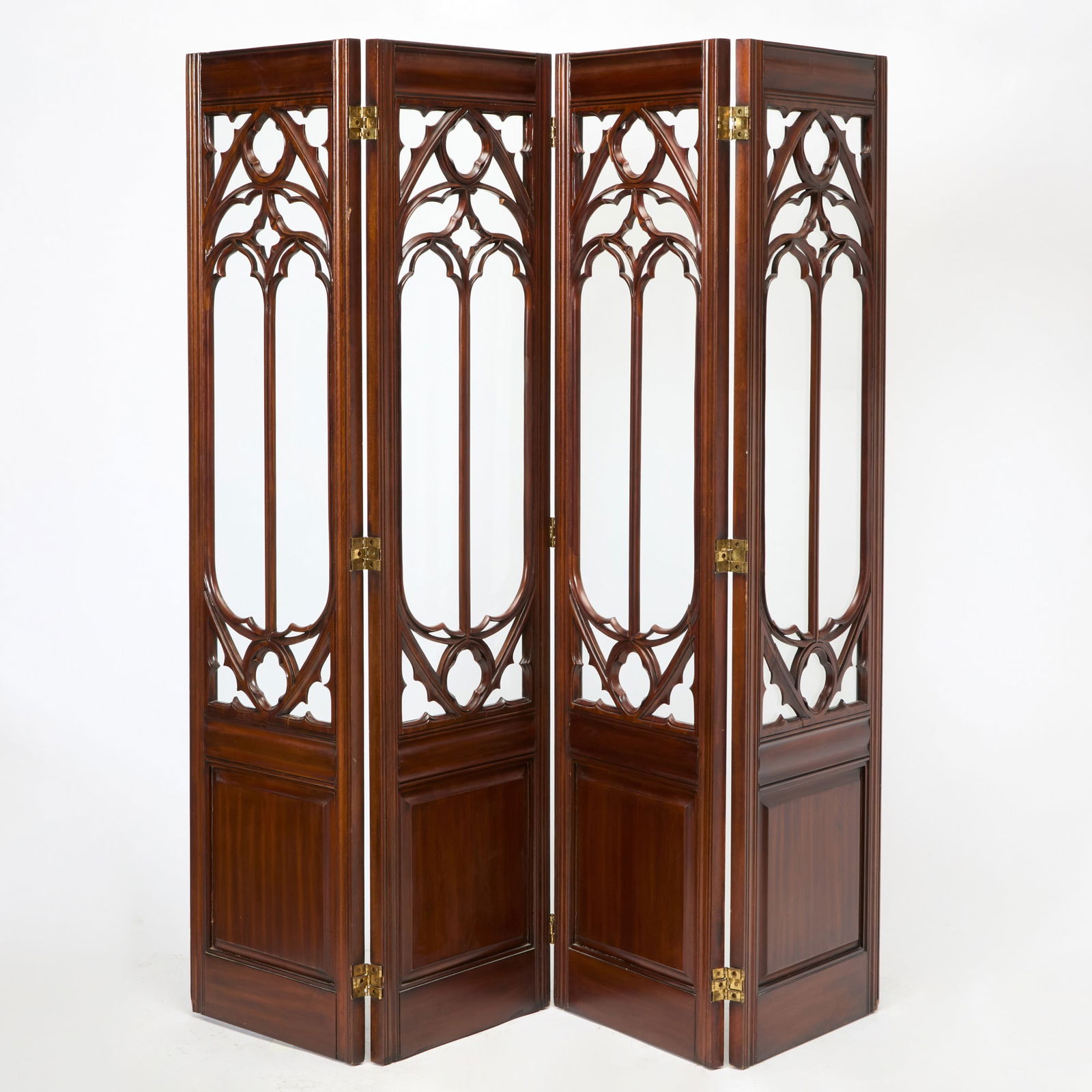Maitland Smith Gothic Revival Carved Mahogany and Glass Four-Panel Screen (1 of 3)