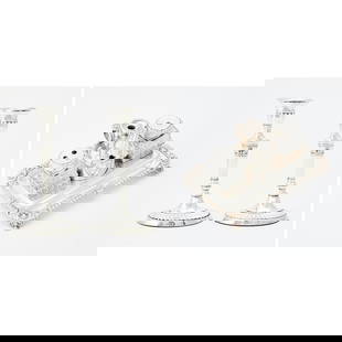 George III Sterling Silver Inkstand: Joseph Craddock & William Ker Reid, London, 1818 Rectangular with shell and gadroon border, fitted with two cut glass pots centering a taperstick. Length 9 inches (23 cm), approximately 23 ounces,