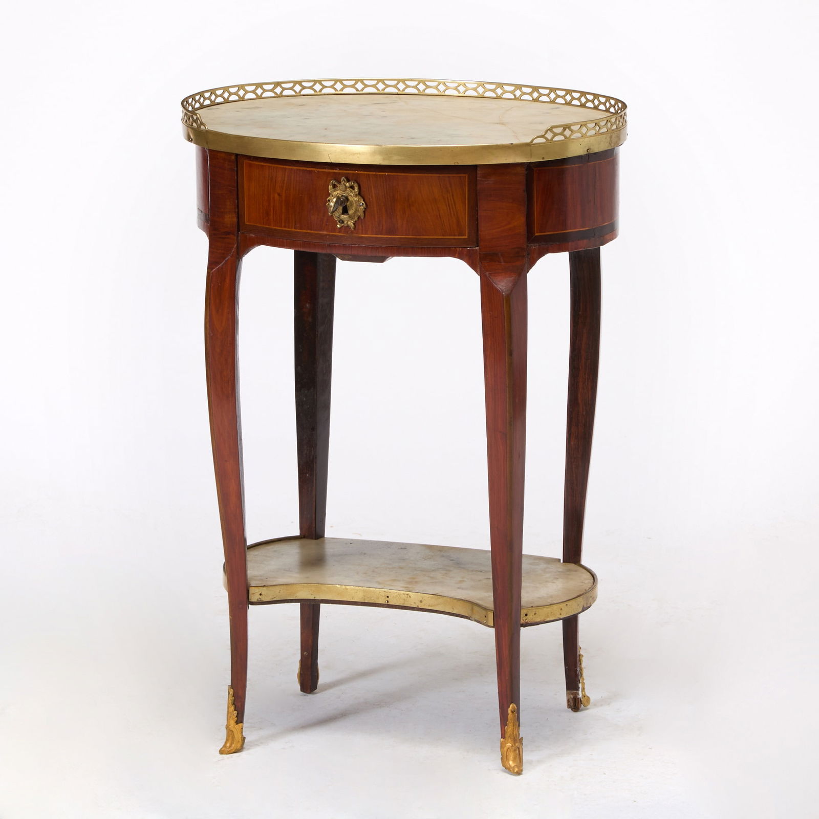 Louis XV Marble Top Table Ambulante: Circa 1770 Height 27 1/4 inches, width 19 inches, depth 15 inches. 1 cracks to marble top; refinished; veneer losses and replacements; areas of infill; repair