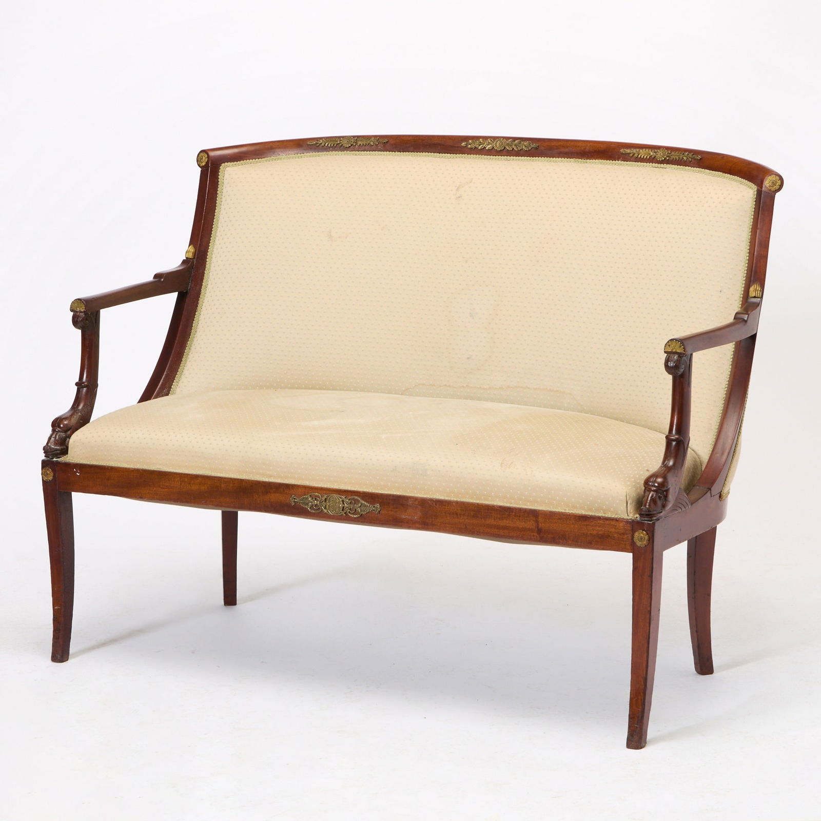 Empire Gilt-Metal Mounted Dolphin Arm Canape: Late 19th century Height 37 1/2 inches, width 51 1/4 inches, depth of seat 18 inches, height of seat 18 inches. sunfading to top; repairs to dolphin supports; edgewear to legs; soiling